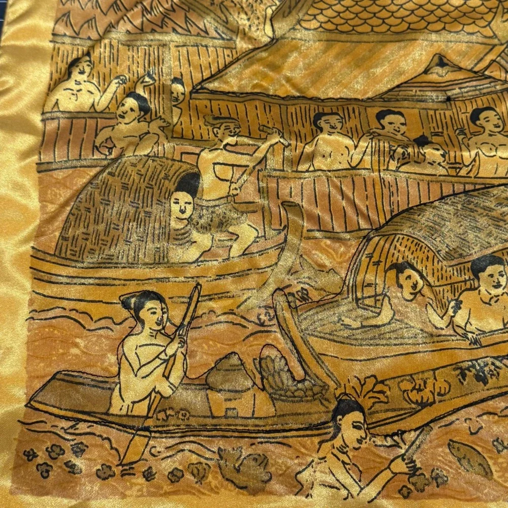 Vintage Thai Silk Pillow Cover Golden Yellow Floating Market Scene 17x17 Square
